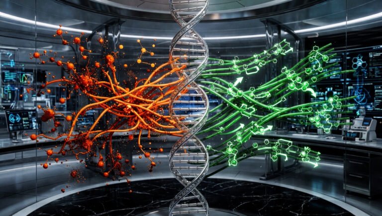 Diagrama conceptual del modelo hibrido del envejecimiento: dano estocastico mas programacion genetica, con peptidos actuando en ambos frentes