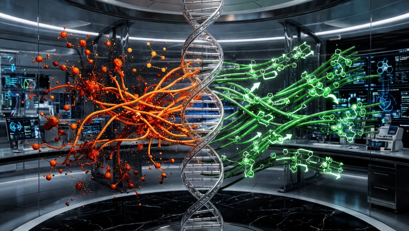 Diagrama conceptual del modelo hibrido del envejecimiento: dano estocastico mas programacion genetica, con peptidos actuando en ambos frentes