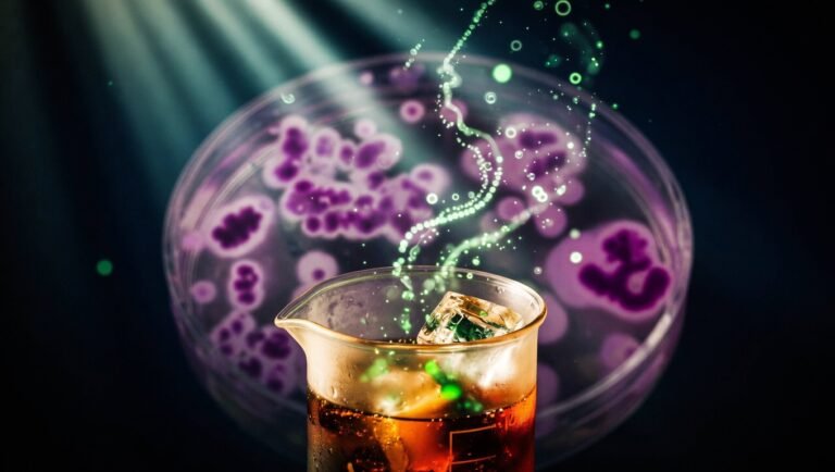 Vaso de cristal con líquido ámbar tipo refresco light en primer plano sobre superficie oscura, partículas verdes luminosas representando microbiota dispersándose desde la superficie hacia bokeh, placa de Petri desenfocada con colonias bacterianas violetas al fondo, metáfora visual abstracta de la respuesta personalizada de la microbiota intestinal humana al consumo de edulcorantes no nutritivos según Suez 2022 Cell.