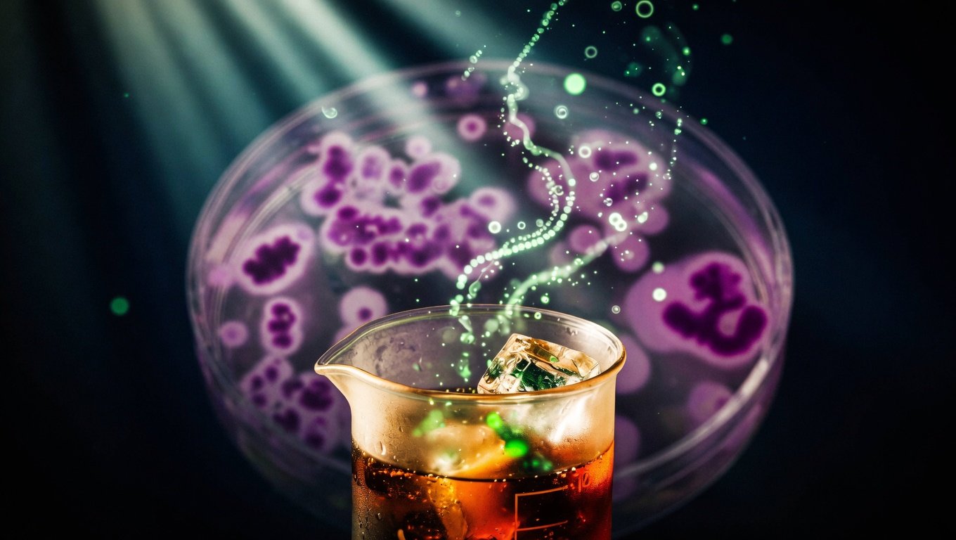Vaso de cristal con líquido ámbar tipo refresco light en primer plano sobre superficie oscura, partículas verdes luminosas representando microbiota dispersándose desde la superficie hacia bokeh, placa de Petri desenfocada con colonias bacterianas violetas al fondo, metáfora visual abstracta de la respuesta personalizada de la microbiota intestinal humana al consumo de edulcorantes no nutritivos según Suez 2022 Cell.