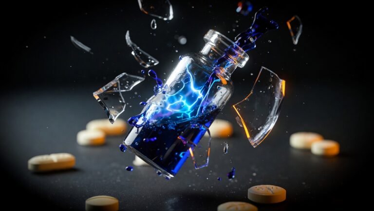 Vial de cristal con líquido azul metileno rompiéndose en el aire con fragmentos suspendidos y resplandor azul eléctrico, sobre fondo negro con viñeta profunda.