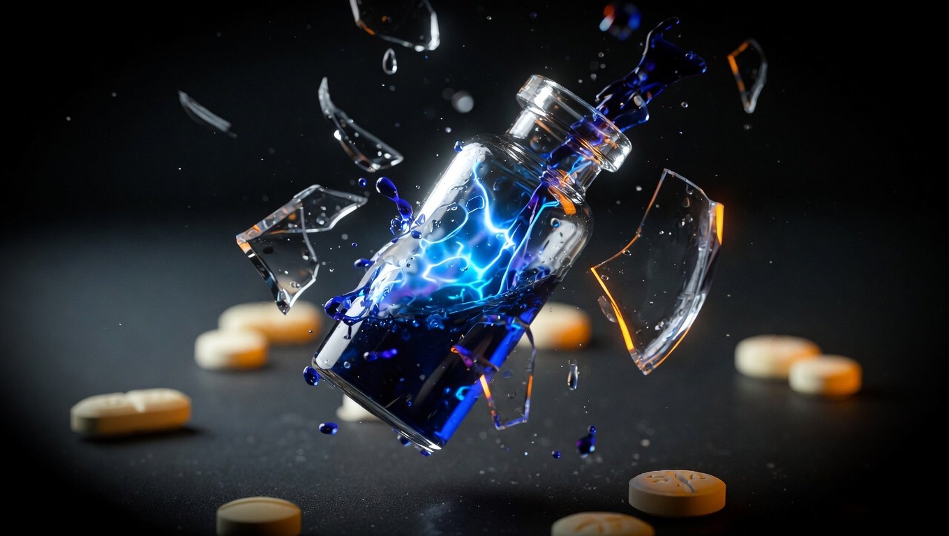 Vial de cristal con líquido azul metileno rompiéndose en el aire con fragmentos suspendidos y resplandor azul eléctrico, sobre fondo negro con viñeta profunda.