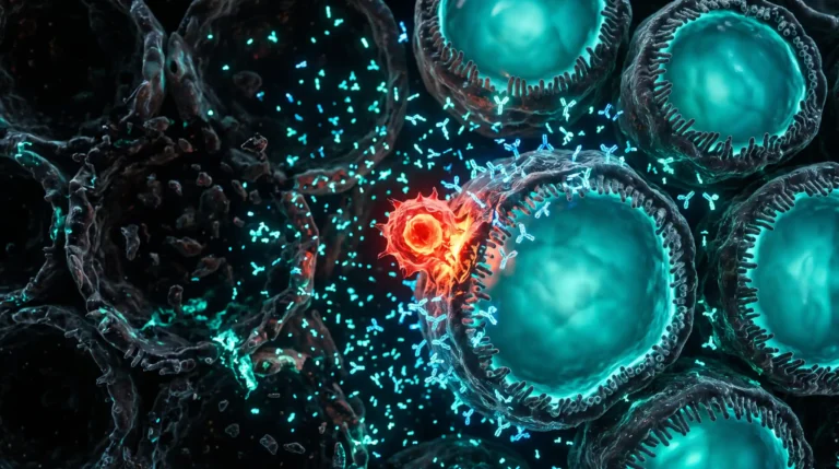 Ilustracion molecular de la tiroiditis de Hashimoto, con anticuerpos atacando la membrana del foliculo tiroideo.