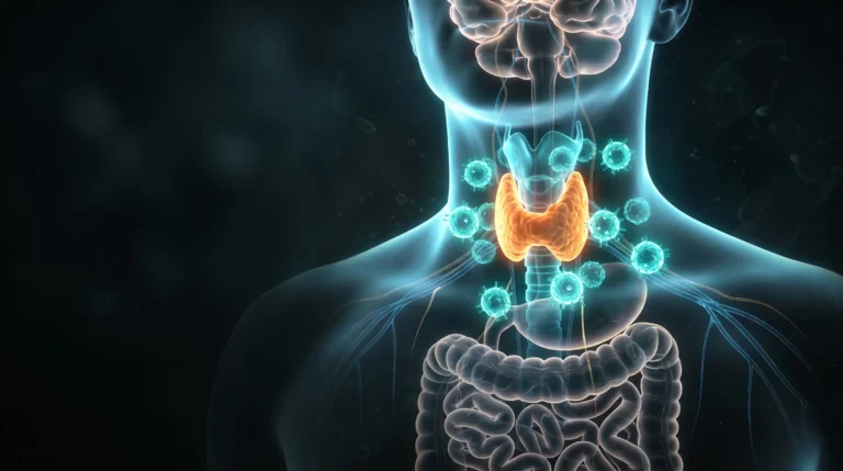 Ilustración de una glándula tiroides atacada por células inmunes y conectada al intestino y al cerebro, que representa el Hashimoto como problema sistémico.