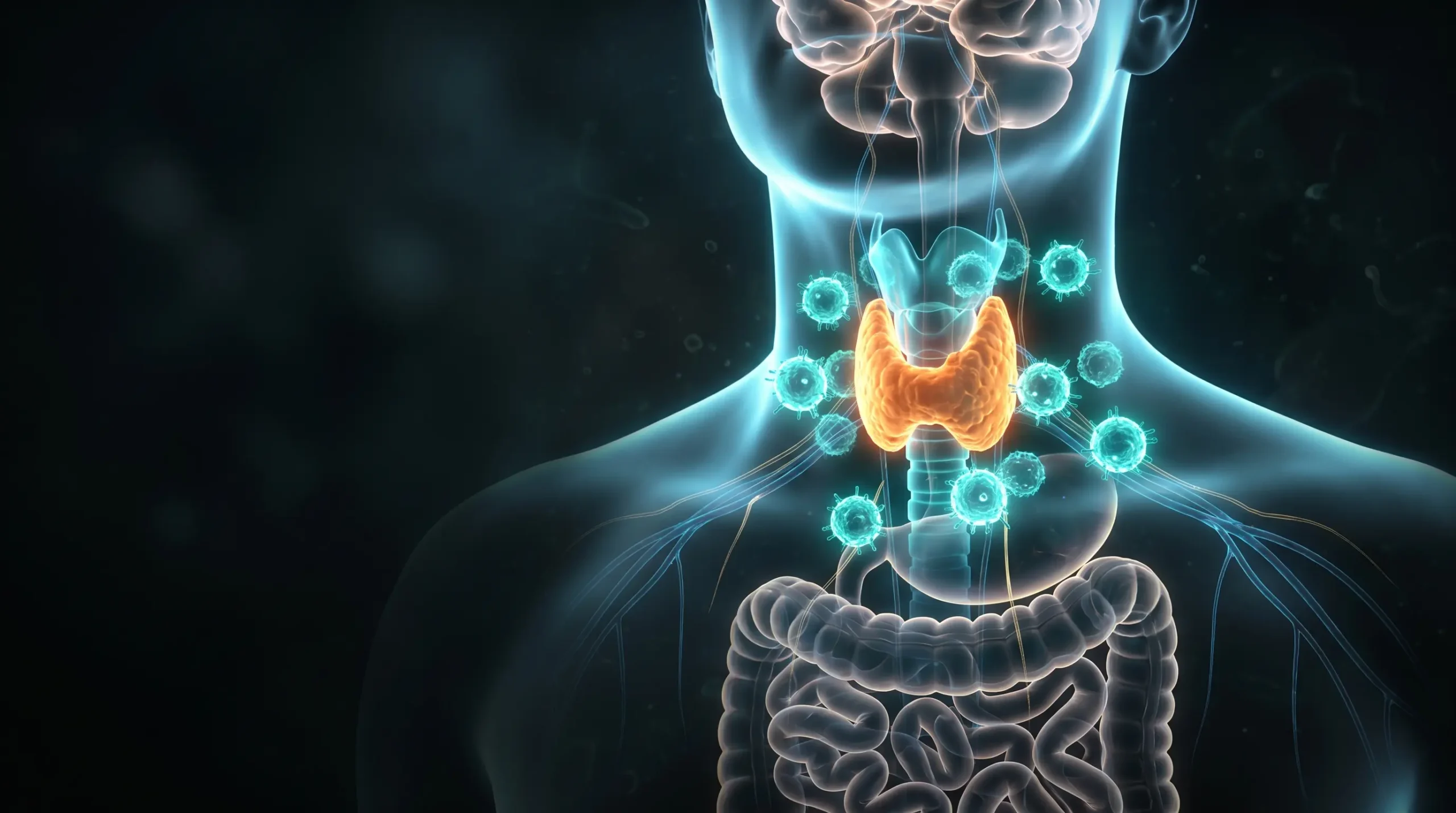 Ilustración de una glándula tiroides atacada por células inmunes y conectada al intestino y al cerebro, que representa el Hashimoto como problema sistémico.