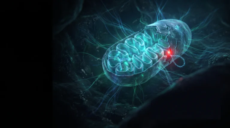 Ilustración de una mitocondria como plataforma de señalización, con sus crestas iluminadas y un fragmento circular de ADN mitocondrial escapando al citosol.