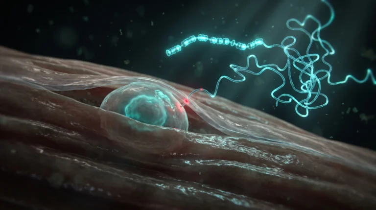 Ilustración molecular del PEG-MGF, un péptido pegilado, junto a una célula satélite del músculo esquelético que no responde a su contacto.