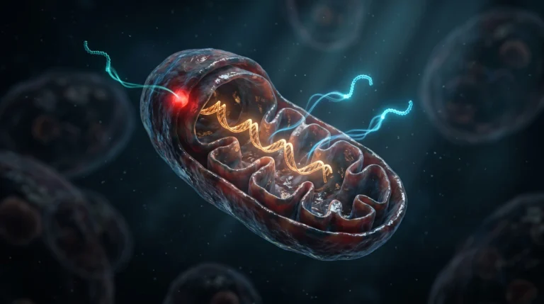 Ilustración molecular sobre los péptidos mitocondriales que salen del ADN mitocondrial frente al péptido sintético que viaja hacia la membrana interna.