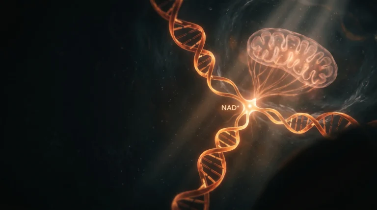 Dos estructuras moleculares anaranjadas convergen en un nodo brillante de NAD+ sobre fondo oscuro, representando el NMN y el NR como precursores que elevan el NAD.