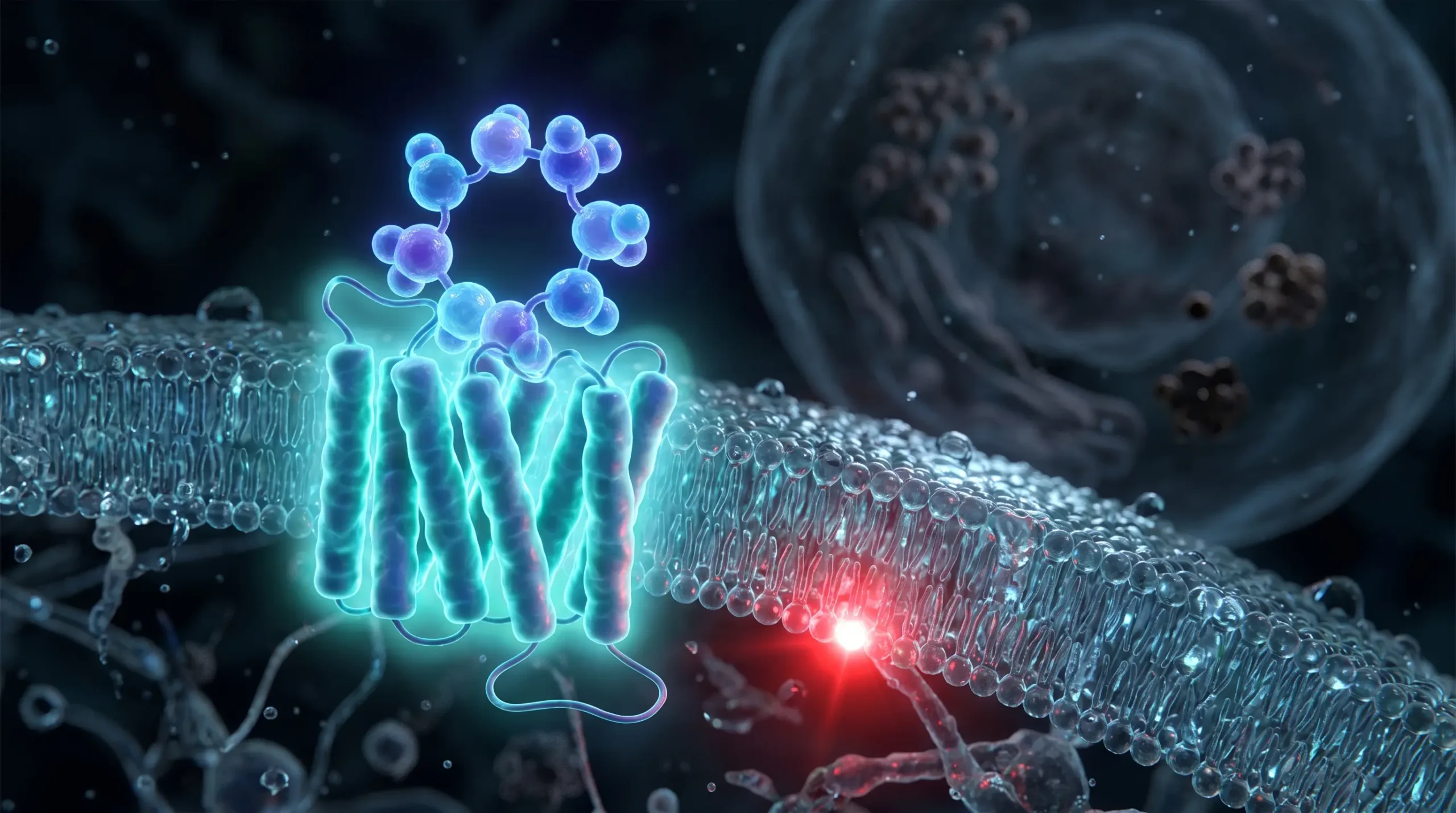 Ilustración molecular del péptido cíclico PT-141 acoplándose a un receptor de melanocortina en la membrana de una neurona hipotalámica.