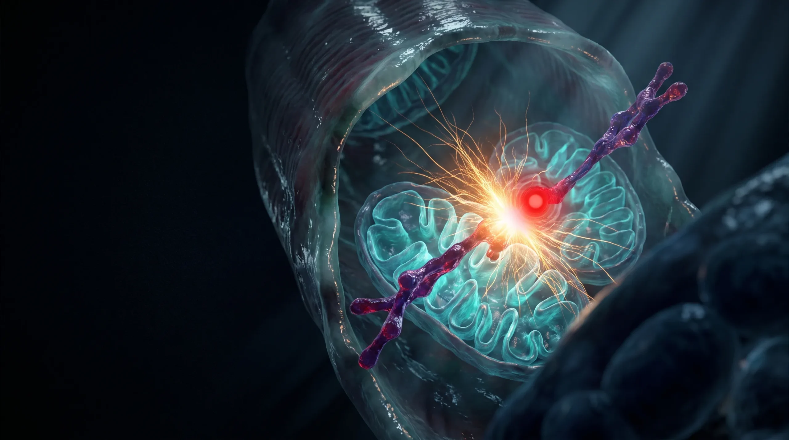 Mitocondrias del músculo emitiendo una señal oxidativa que una molécula de resveratrol intercepta y apaga.