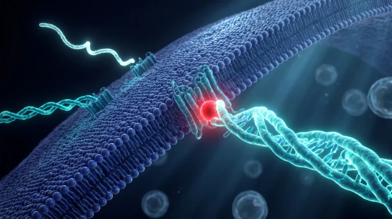 Ilustración médica hiperrealista de tres péptidos incretínicos acoplándose a receptores de membrana celular, imagen de la comparativa retatrutida vs tirzepatida vs semaglutida.