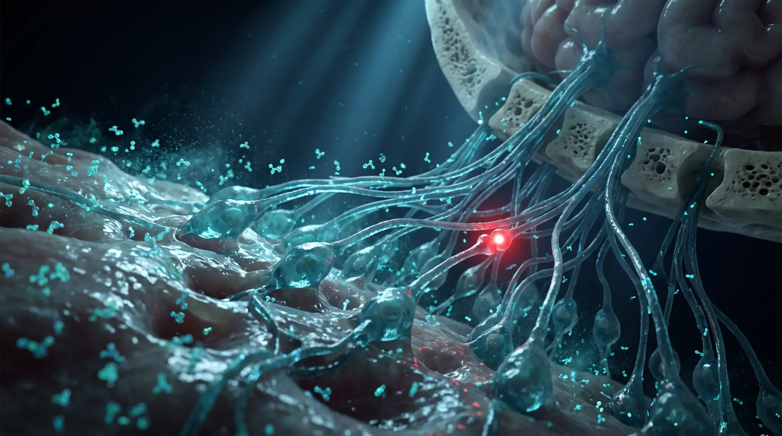 Ilustración molecular del epitelio olfatorio con un péptido viajando por los axones hacia el cerebro, que representa la vía intranasal del semax.