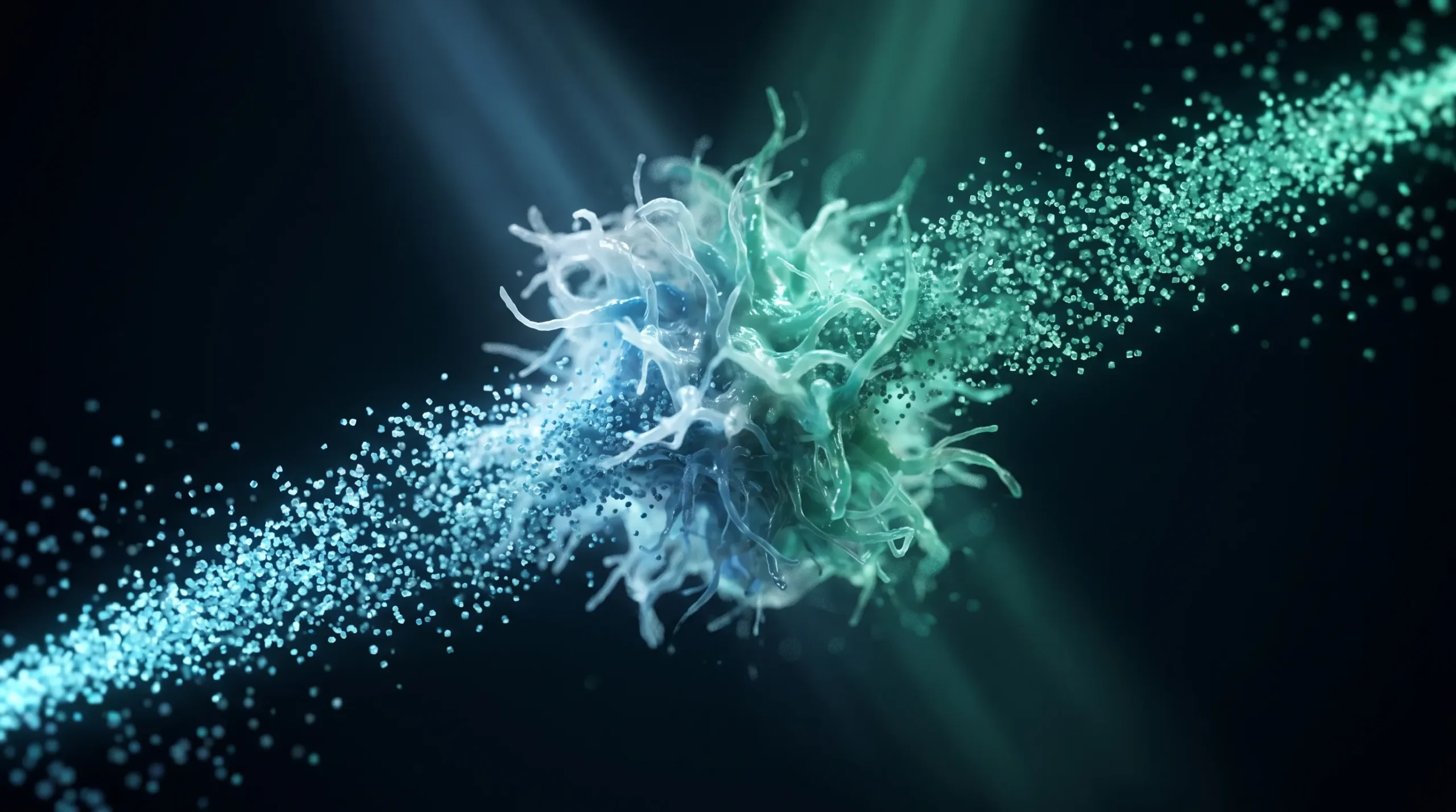 Ilustración de la evidencia enfrentada sobre si son malos los edulcorantes, con dos corrientes de cristales colisionando sobre colonias bacterianas.
