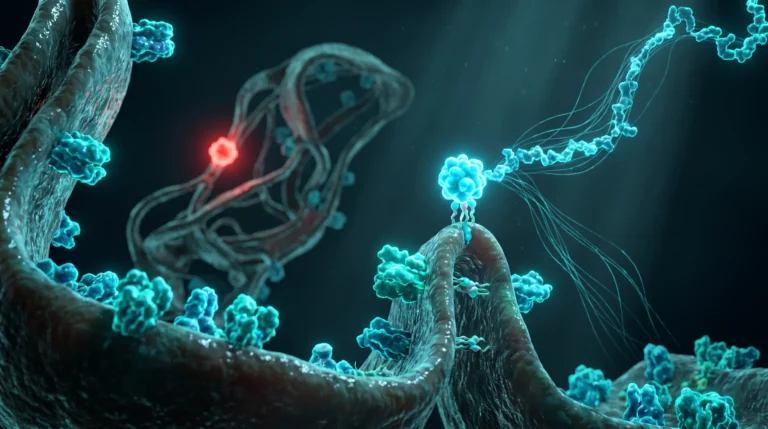Ilustración molecular del SS-31 o elamipretida uniéndose a la cardiolipina de la membrana mitocondrial interna y estabilizando el pliegue de la cresta.
