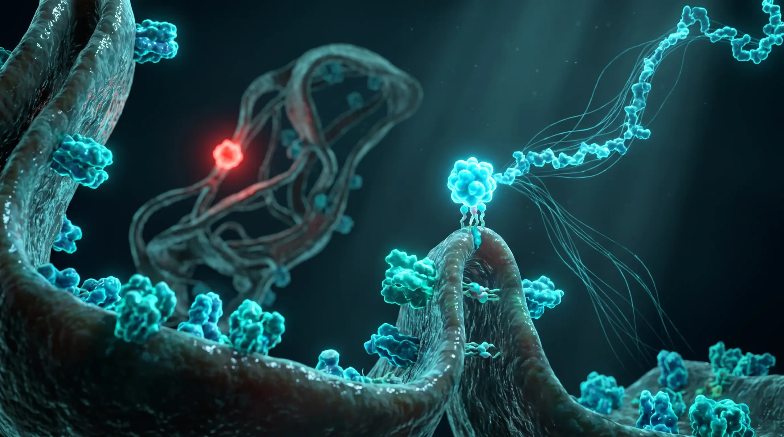 Ilustración molecular del SS-31 o elamipretida uniéndose a la cardiolipina de la membrana mitocondrial interna y estabilizando el pliegue de la cresta.
