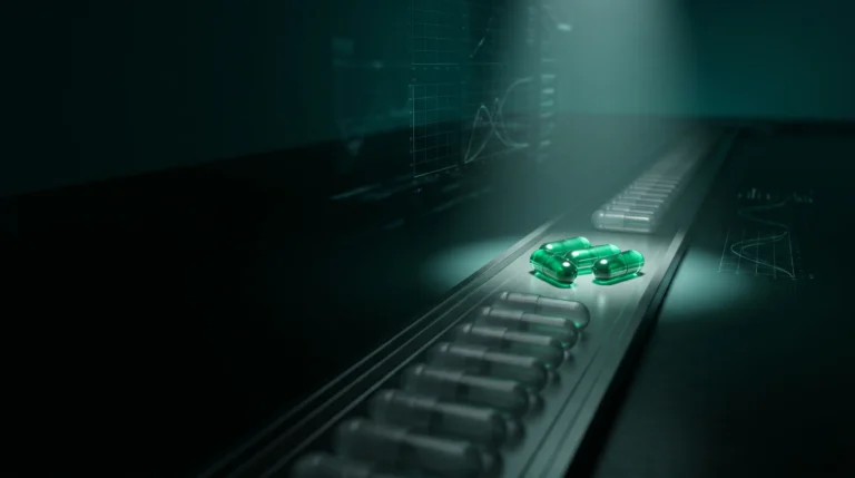Hilera de cápsulas de suplemento en penumbra sobre fondo oscuro, con un pequeño grupo iluminado en verde, que representa los pocos que superan la evidencia del ITP.