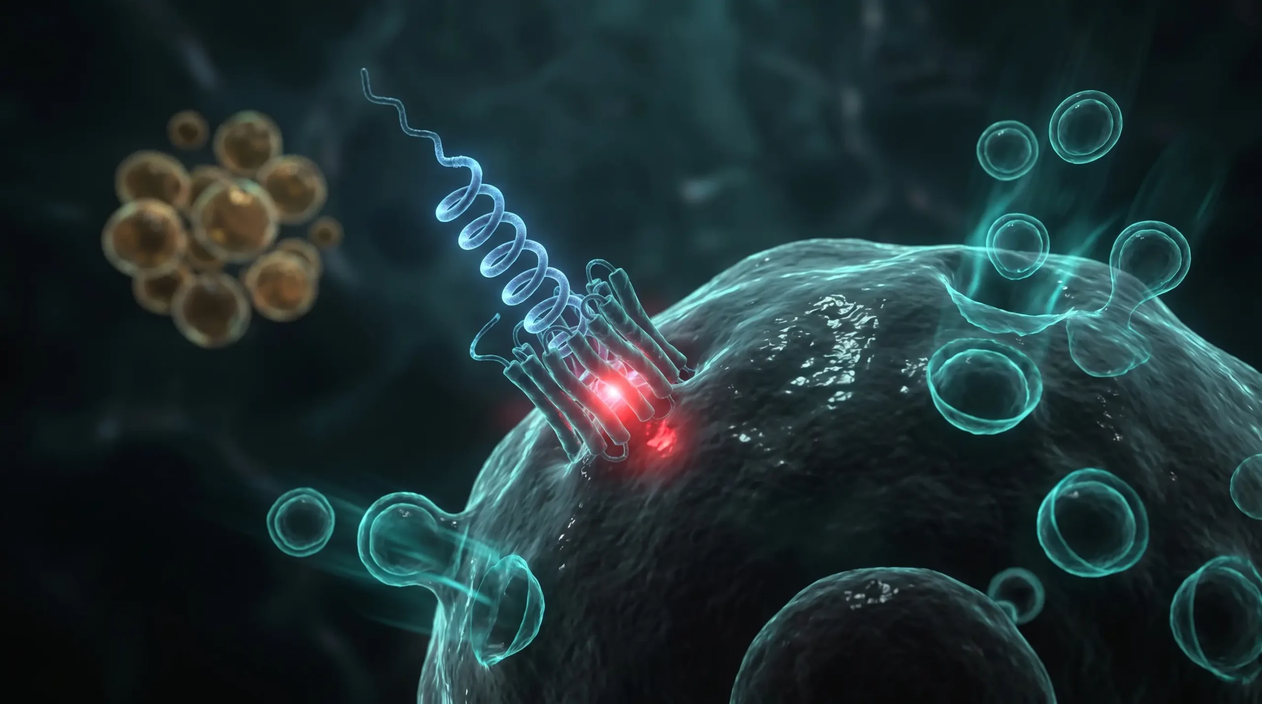 Ilustración molecular de la tesamorelina uniéndose al receptor de GHRH de una célula somatotropa y desencadenando un pulso de hormona de crecimiento.