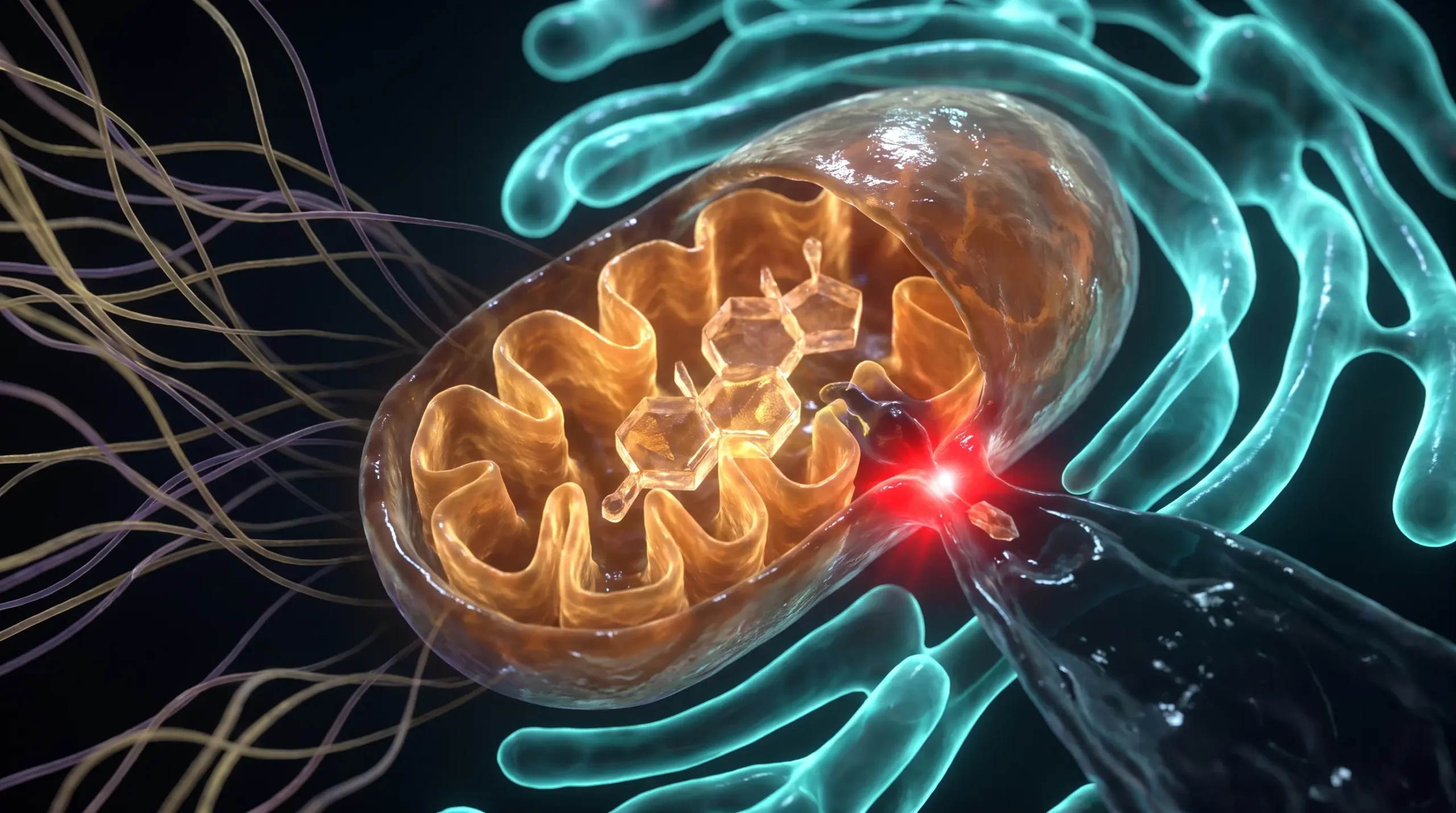Ilustración molecular de la síntesis de testosterona dentro de una célula de Leydig del testículo, con la mitocondria activa y el precursor entrando en la vía.