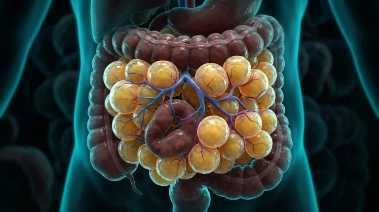 Ilustración de un racimo de grasa visceral apiñado alrededor del intestino, el tejido que convierte parte de la testosterona en estradiol y ayuda a que baje.