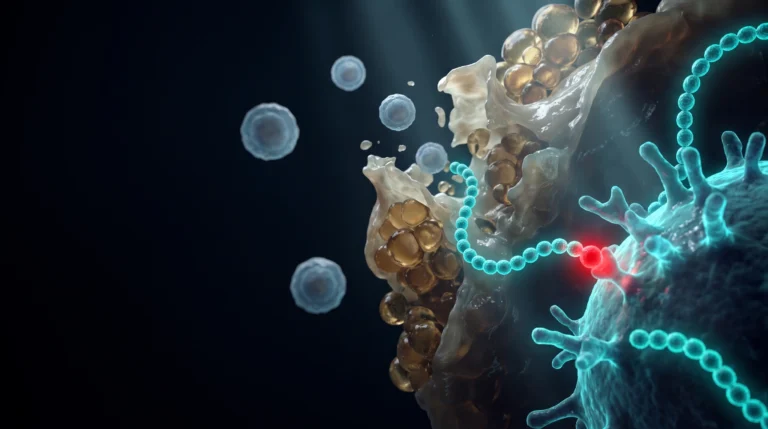 Ilustración molecular de la thymosin alpha 1 señalizando sobre un receptor tipo Toll mientras el tejido tímico se atrofia y los linfocitos T quedan sin madurar.