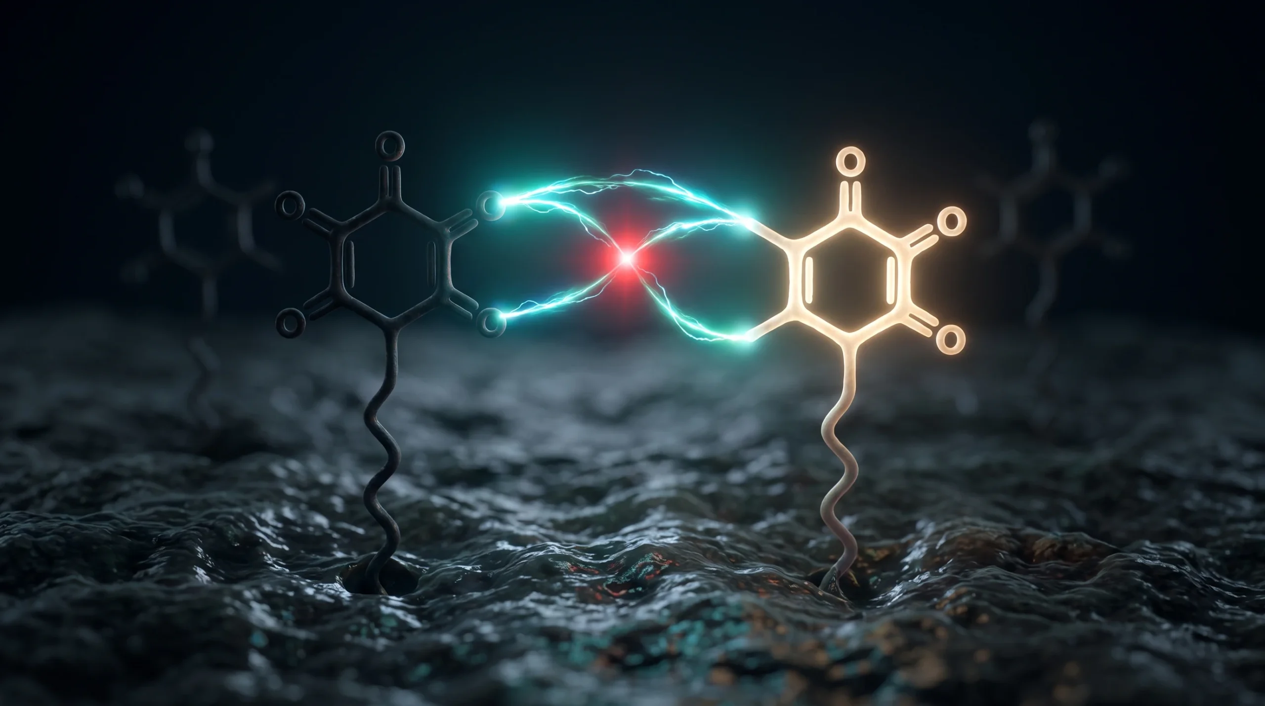 Ilustración molecular del ubiquinol y la ubiquinona como par redox de la coenzima Q10, intercambiando un par de electrones dentro de la membrana.