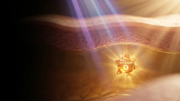 Corte de piel humana bajo luz solar dorada con rayos ultravioleta y una molécula ámbar de vitamina D formándose en las capas profundas.