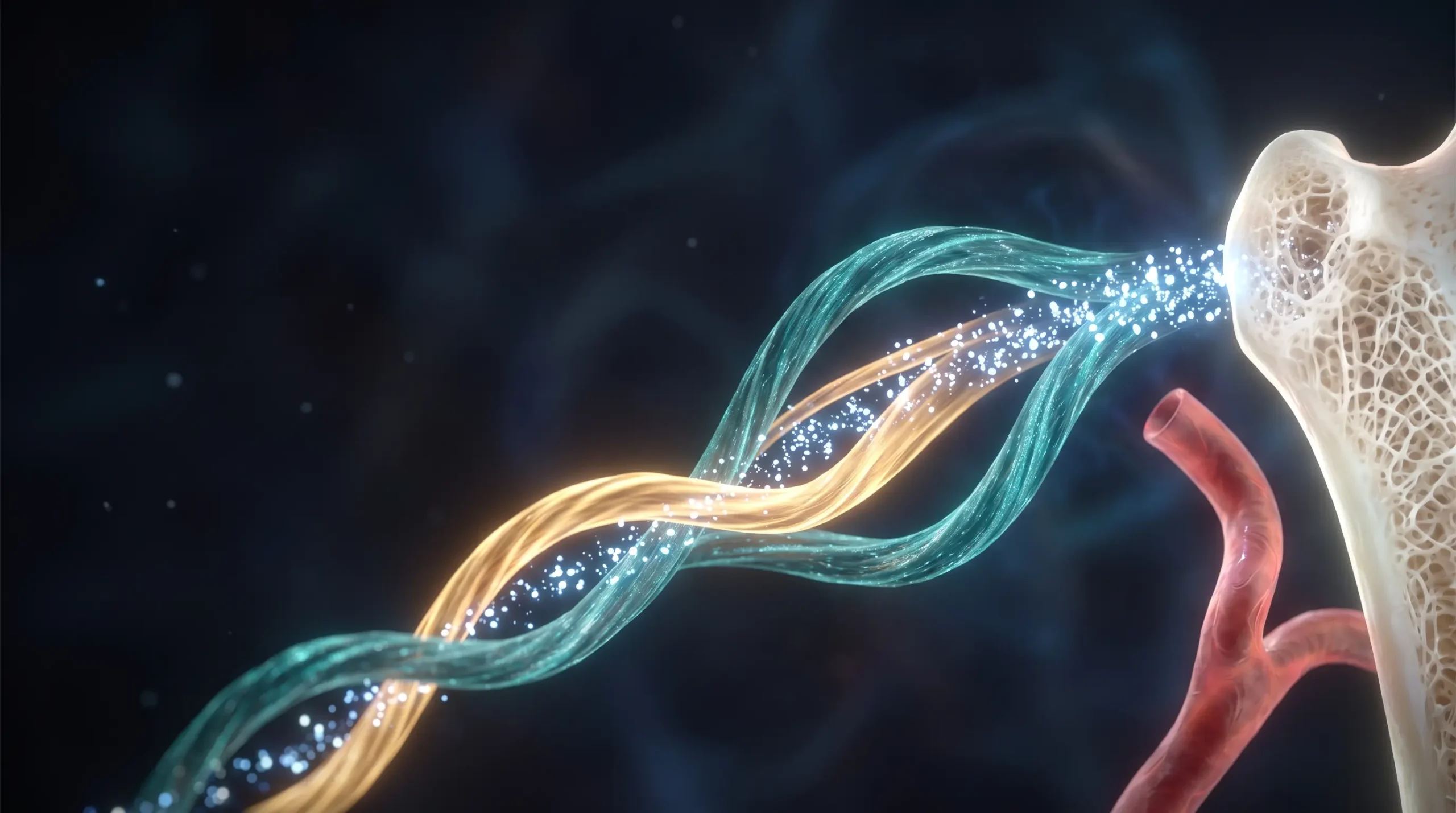 Escena conceptual con dos haces de luz, dorado y turquesa, que cooperan para dirigir partículas de calcio hacia el hueso y lejos de una arteria flexible.