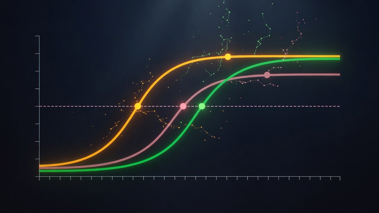 Tres curvas dosis-respuesta sigmoideas sobre fondo índigo profundo, mostrando comparativa visual de eficacia (altura de meseta) y potencia (desplazamiento horizontal) entre fármacos.
