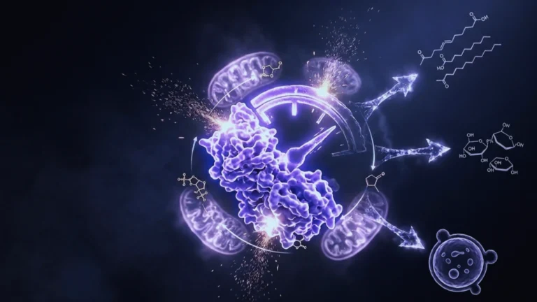 Sensor energético celular AMPK representado en 3D como un medidor de energía violeta luminoso sobre fondo índigo, con moléculas de ATP y mitocondrias alrededor.