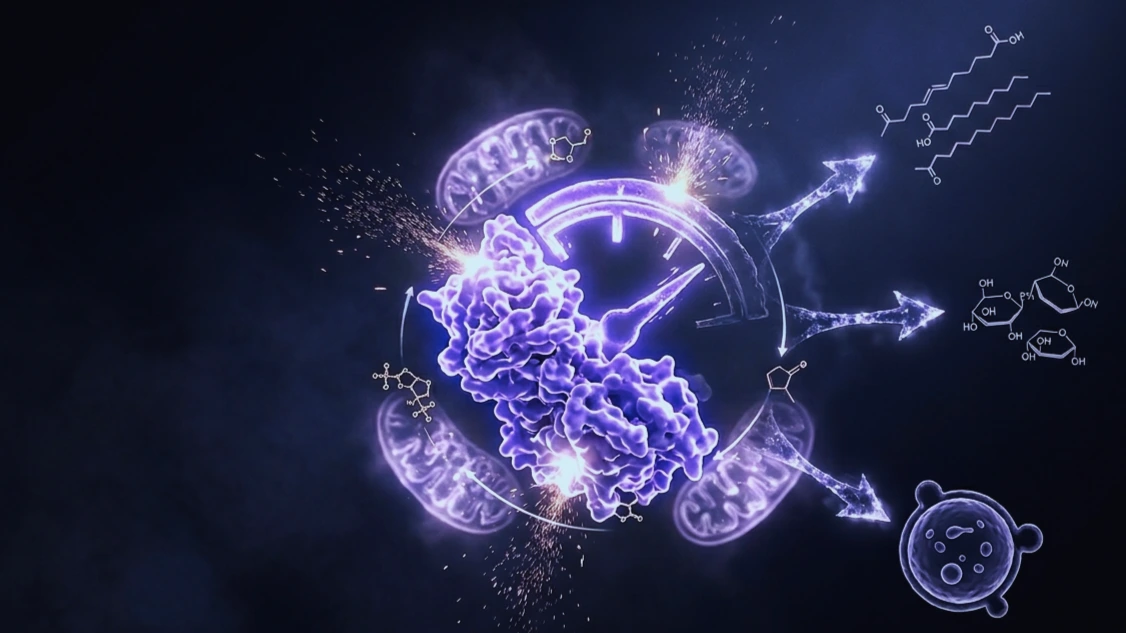 Sensor energético celular AMPK representado en 3D como un medidor de energía violeta luminoso sobre fondo índigo, con moléculas de ATP y mitocondrias alrededor.