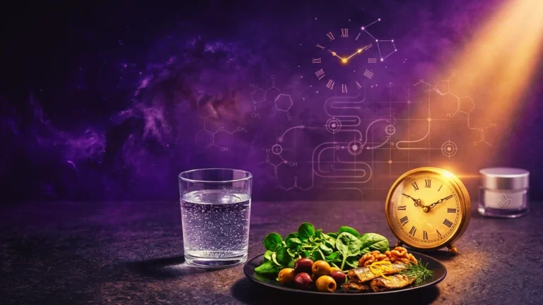 Bodegón editorial sobre fondo oscuro con vaso de agua, plato mediterráneo de baja carga glucémica, reloj analógico y luz violeta KRECE, representando el acné adulto femenino como señal metabólica y hormonal.