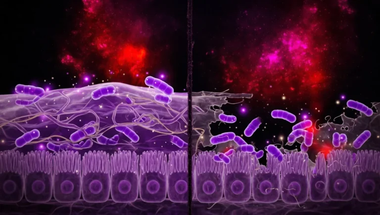 Ilustración de la capa de moco intestinal con bacterias Akkermansia muciniphila en dos contextos: con fibra abundante fermentando, y sin fibra erosionando la mucosa.