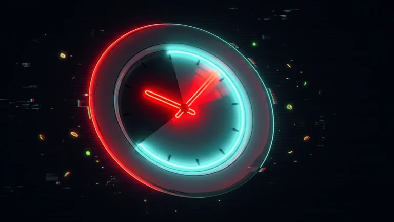 Reloj analogico fusionado con un plato vacio, con las agujas en rojo neon y un arco de 8 horas iluminado en cian sobre fondo oscuro, estetica AKIRA, ayuno intermitente.