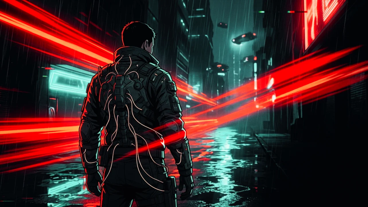 Figura de espaldas conectada a biosensores en una megaciudad nocturna estilo anime cyberpunk, con estelas de luz roja y neón cian sobre asfalto mojado, estética AKIRA.