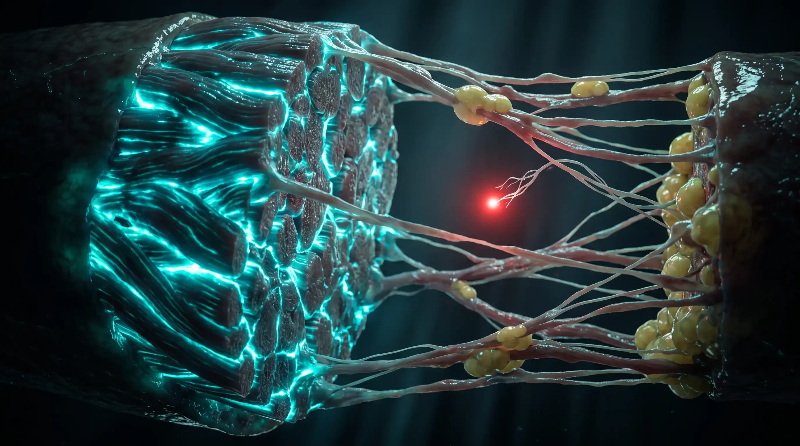 Ilustracion molecular de la sarcopenia, con fibras musculares atroficas e infiltracion grasa frente a tejido sano.