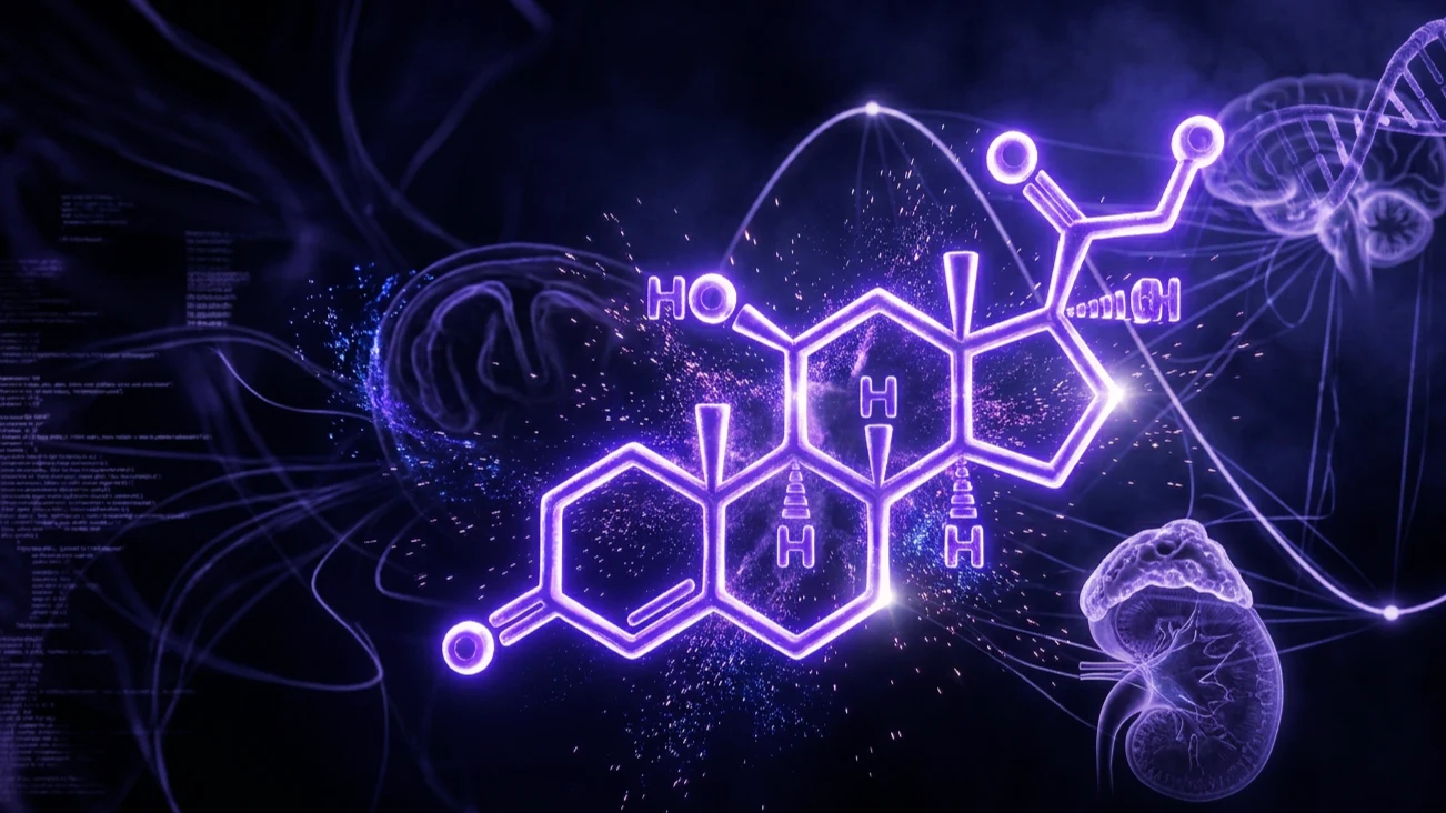 Molécula de cortisol en 3D en violeta sobre fondo índigo con una curva circadiana de 24 horas detrás y los motivos del eje HPA (cerebro y glándula suprarrenal).