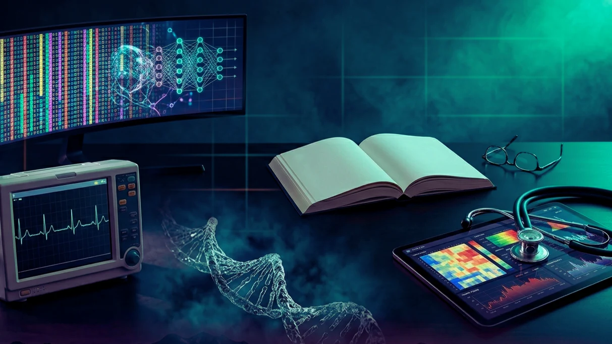 Entorno de medicina traslacional con display de secuencia genómica y patrones de AI, monitor ECG, libro hardcover con gafas de lectura, modelo de doble hélice de ADN, estetoscopio sobre tablet con dashboards de salud, iluminación emerald-green editorial.