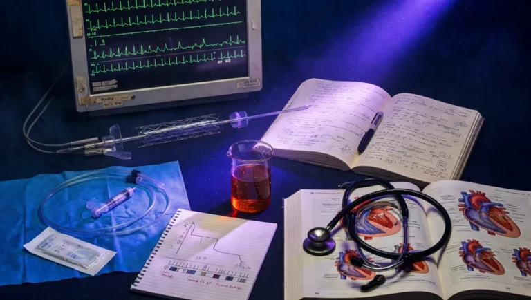 Suite de cardiología intervencionista con monitor ECG, catéter y stent, cuaderno de investigación clínica, beaker de testing serum lipid con diagrama de ayuno intermitente, estetoscopio sobre libro de texto anatómico cardiovascular, iluminación purple-violet editorial.