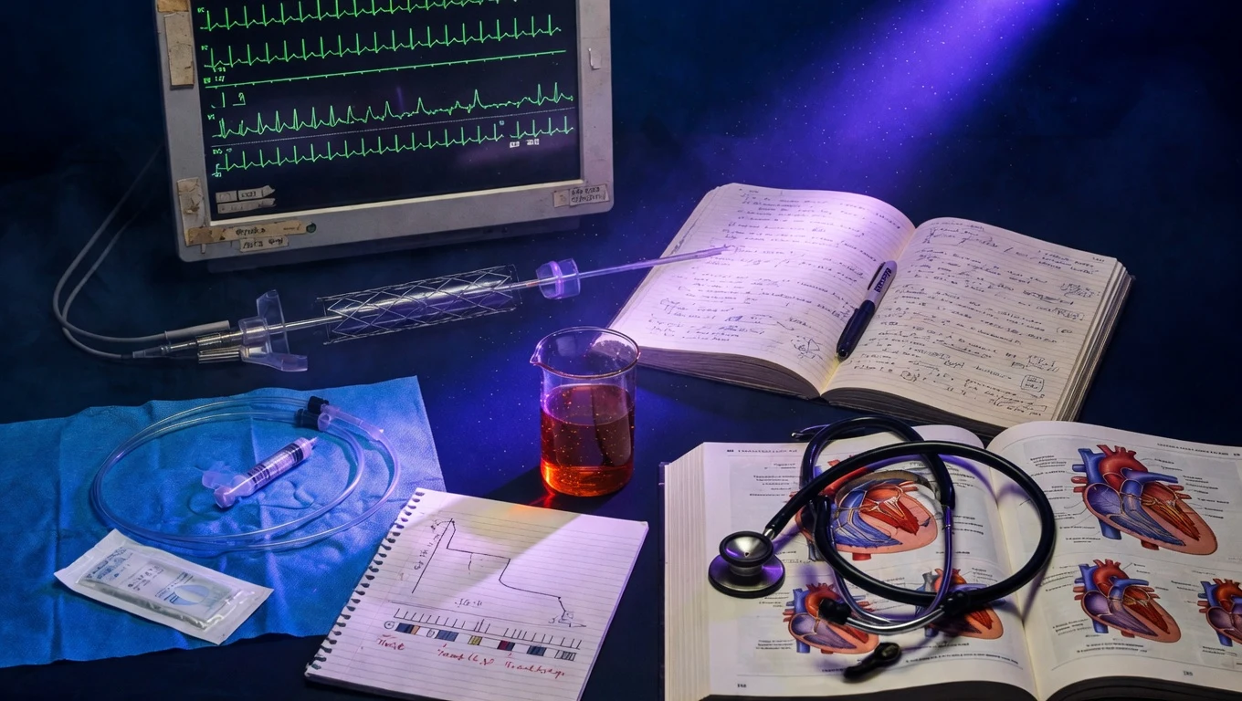Suite de cardiología intervencionista con monitor ECG, catéter y stent, cuaderno de investigación clínica, beaker de testing serum lipid con diagrama de ayuno intermitente, estetoscopio sobre libro de texto anatómico cardiovascular, iluminación purple-violet editorial.
