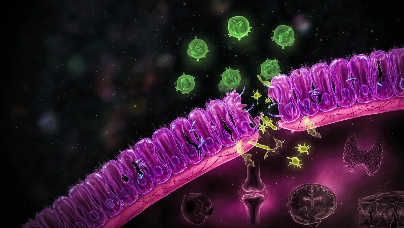 Sección transversal de epitelio intestinal con tight junctions degradadas y siluetas de órganos autoinmunes distantes, visualización del eje microbiota-autoinmunidad.