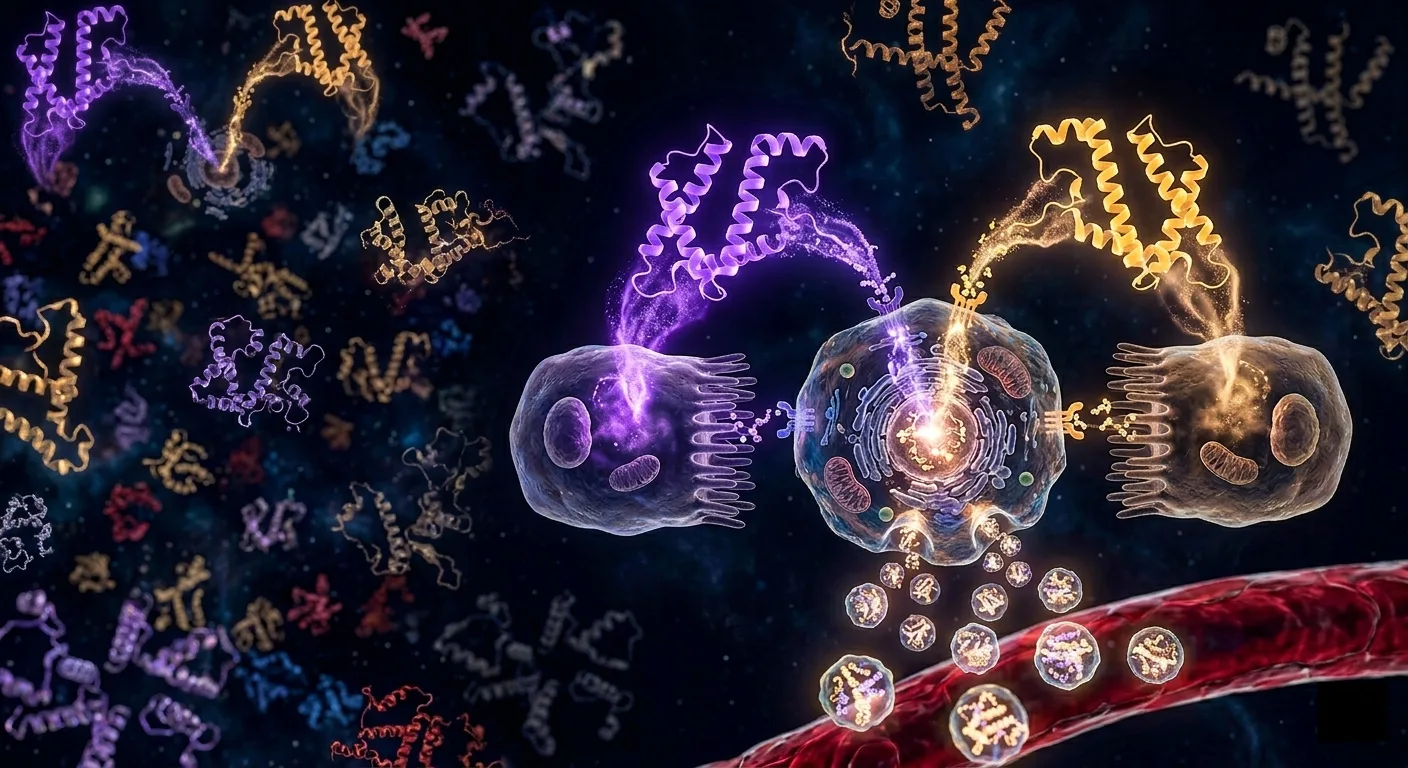 Representación molecular de GIP en violeta y GLP-1 en ámbar convergiendo sobre célula β pancreática — el eje incretina.