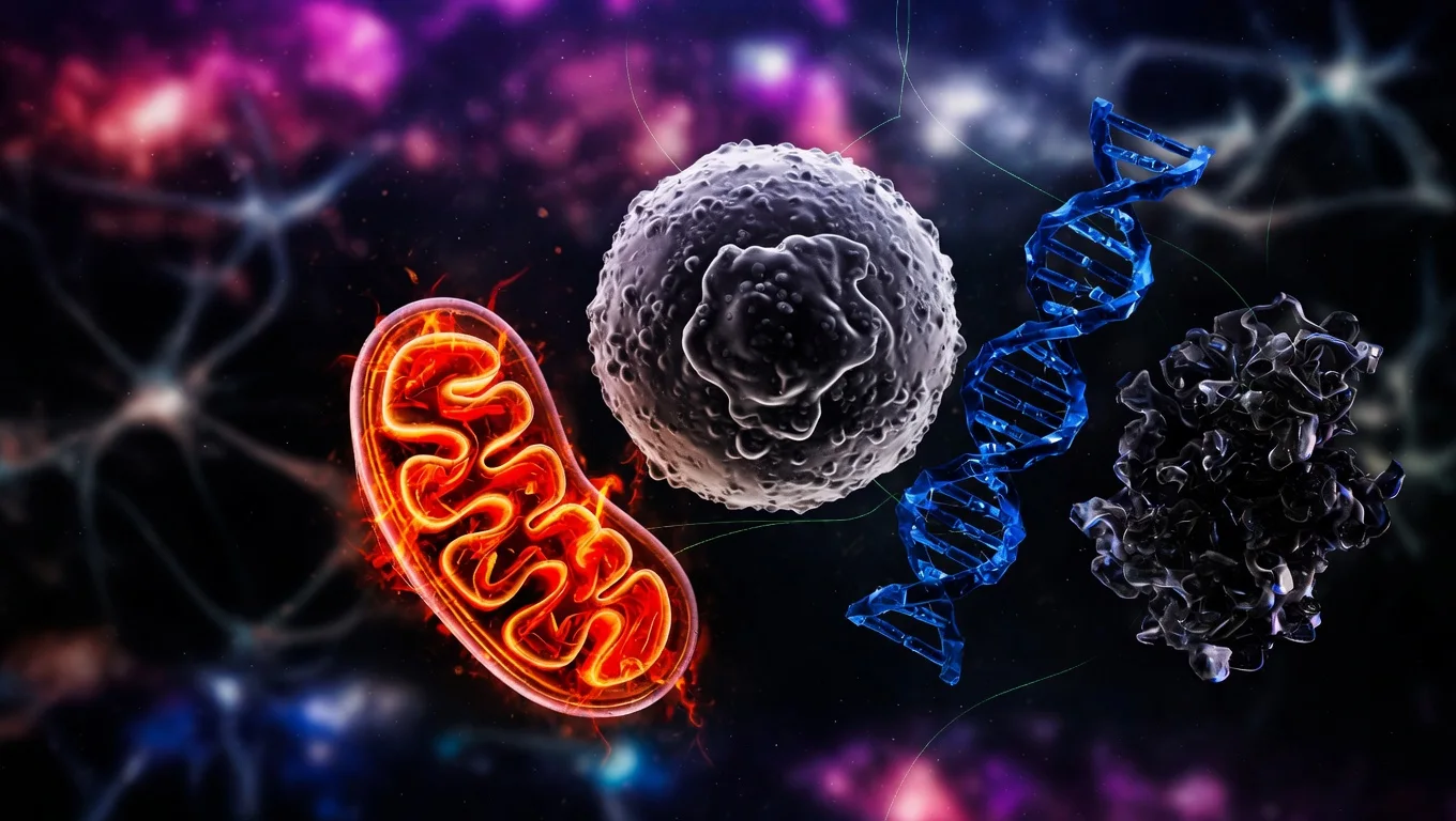 Red molecular conectando formas geométricas que representan los hallmarks of aging — visualización editorial del campo de la gerociencia.