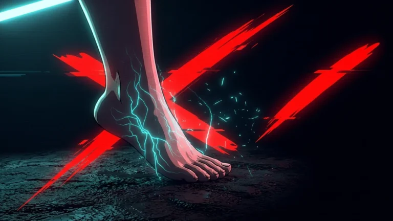 Pie descalzo sobre suelo oscuro con lineas de energia cian que se apagan al subir y un tachon rojo neon en diagonal, estetica AKIRA, debunk del grounding o earthing.
