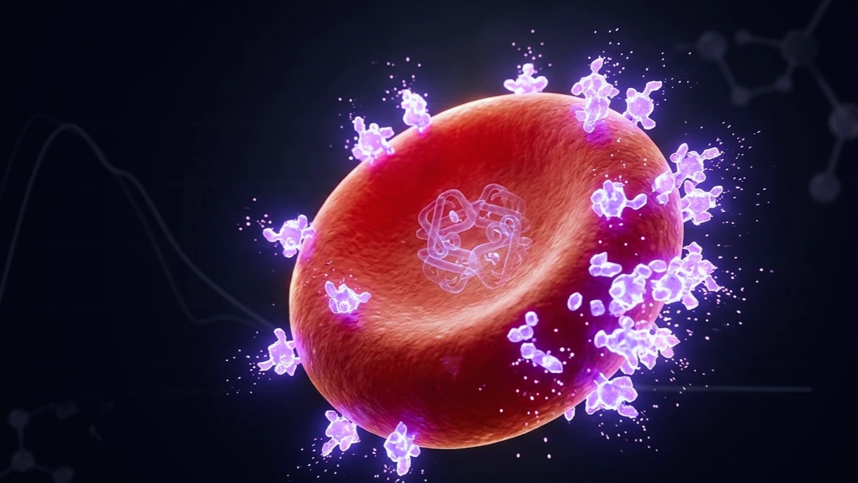 Glóbulo rojo en 3D sobre fondo índigo con moléculas de glucosa adheridas brillando en violeta, representando la hemoglobina glicosilada o HbA1c.