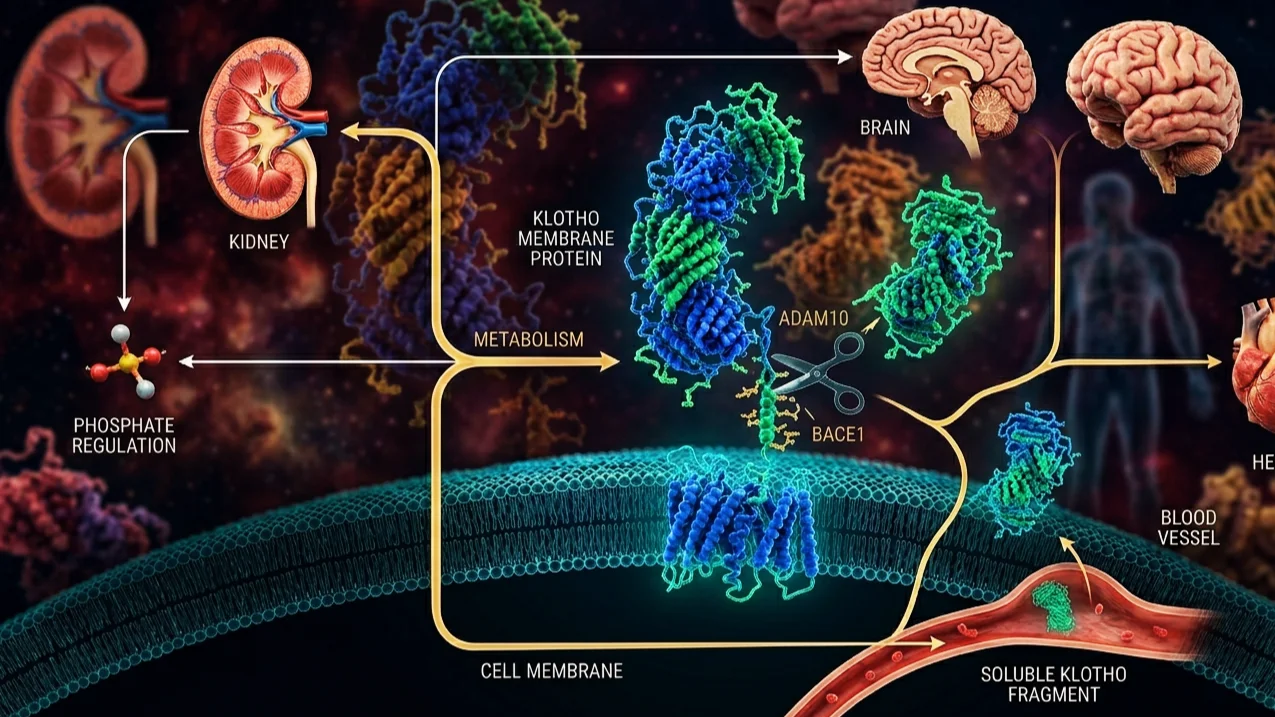 Estructura de Klotho transmembrana siendo procesada por ADAM10/17 para liberar la forma soluble s-Klotho que viaja a múltiples órganos.