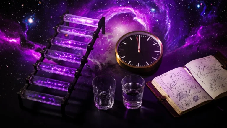 Representación visual de la Fasting Ladder Jamnadas con escalera de siete niveles progresivos en cristal con bioluminiscencia purple-violet, reloj analógico, vasos de agua, cuaderno de investigación con curvas metabólicas.