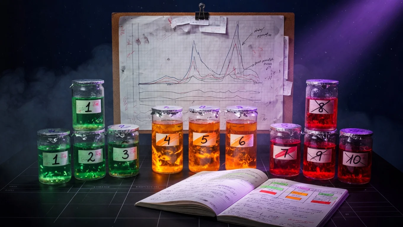 Estación de auditoría metabólica con diez frascos de laboratorio numerados en tres grupos color-coded (3 verdes, 4 ámbar, 3 rojos), gráfico de curva glucosa de fondo, cuaderno de auditoría abierto, iluminación purple-violet editorial.