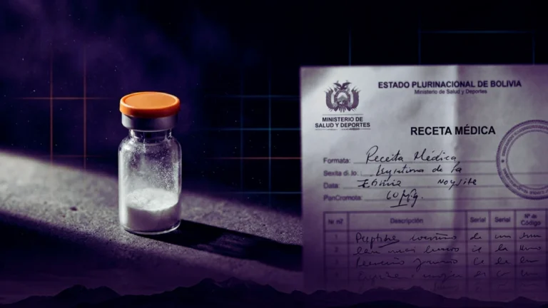 Vial peptídico junto a documento oficial de receta médica boliviana en fondo índigo profundo, símbolo del marco AGEMED regulatorio boliviano aplicable a péptidos.