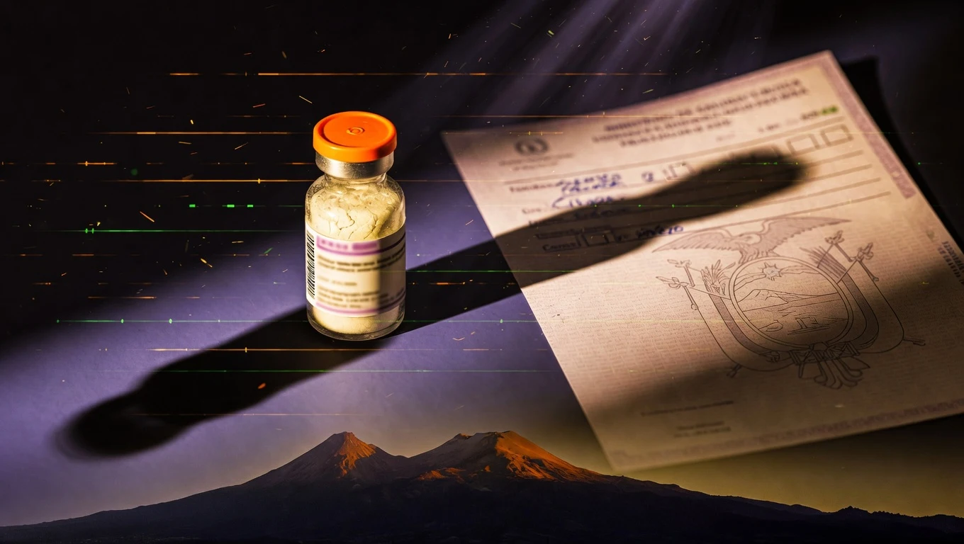 Vial peptídico junto a documento oficial de receta médica ecuatoriana en fondo índigo profundo, símbolo del marco ARCSA regulatorio ecuatoriano aplicable a péptidos.